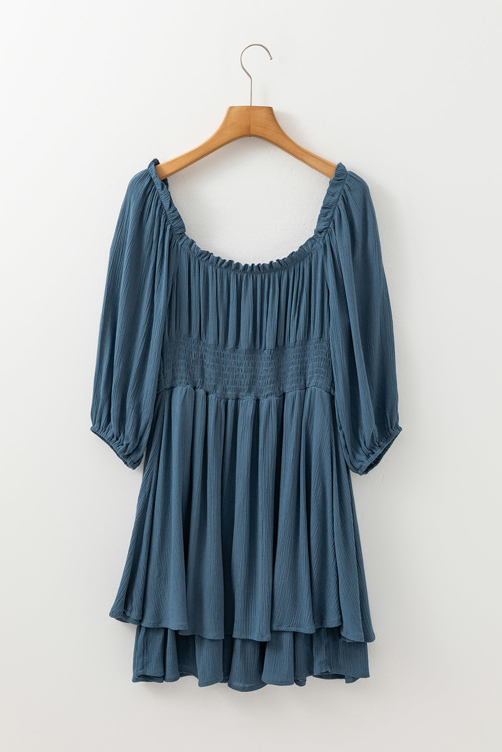 Teal Frill Neckline Ruched Mini Dress – 3/4 Sleeve Flowy Fit