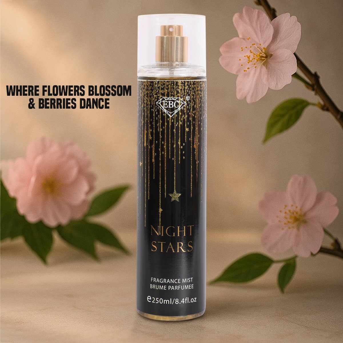 Fragrance mist bottle with cherry blossoms on a wooden surface
