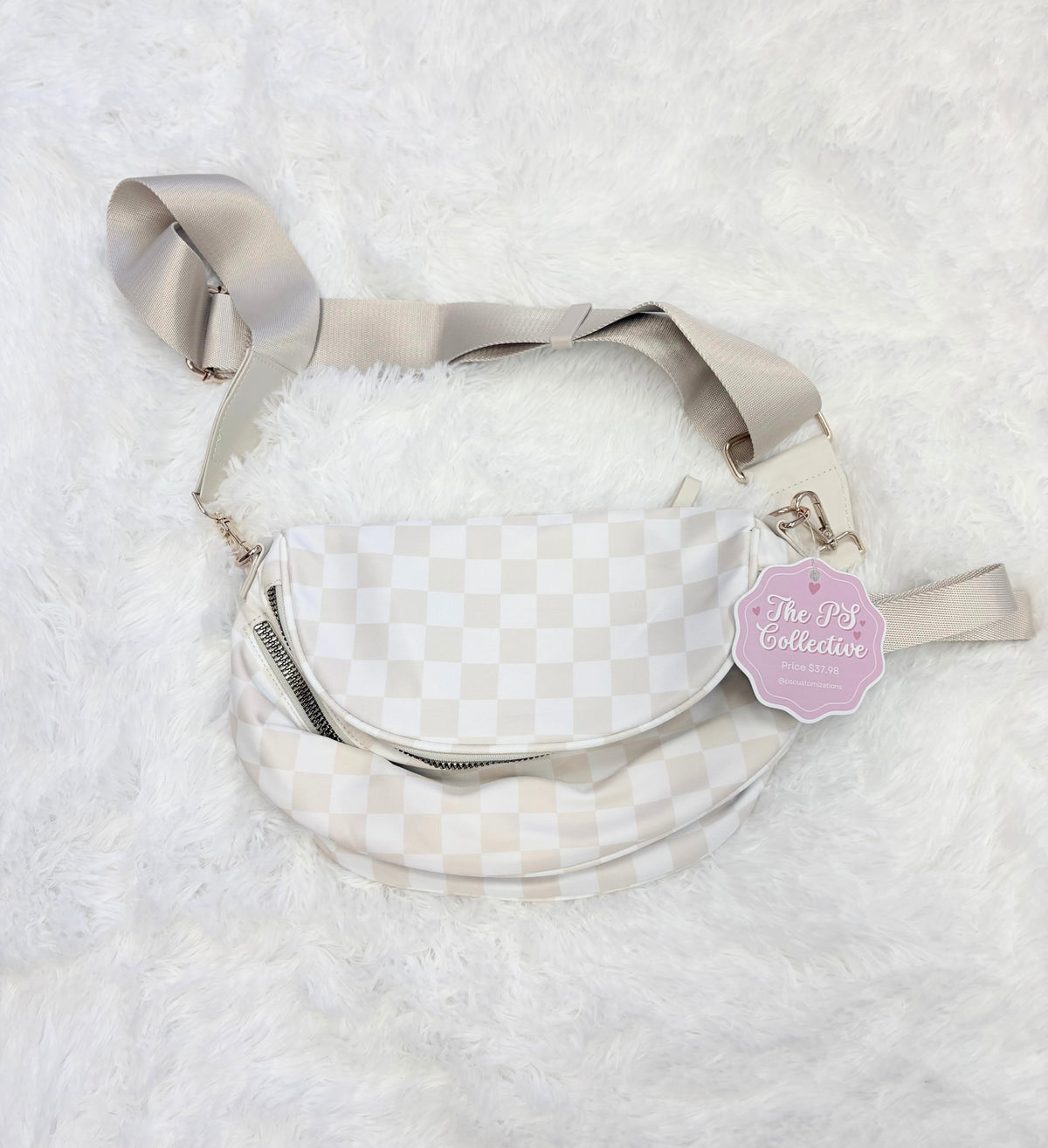 Beige checkered crossbody belt bag on a soft white background with adjustable strap, trendy neutral handbag for everyday outfits and hands-free style