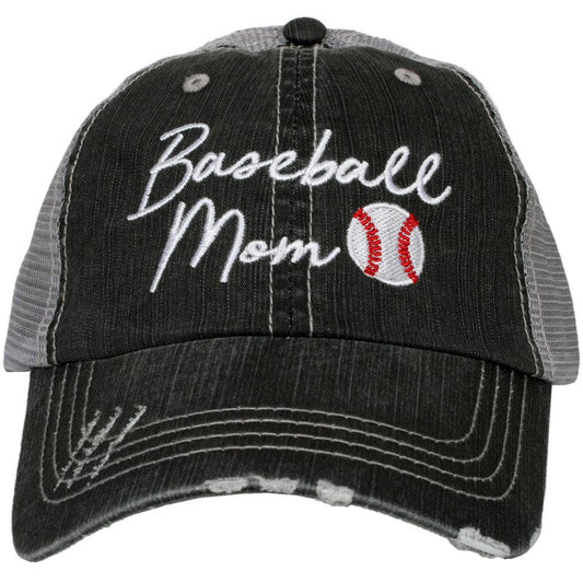 Black and gray cap with 'Baseball Mom' text and baseball icon on a white background