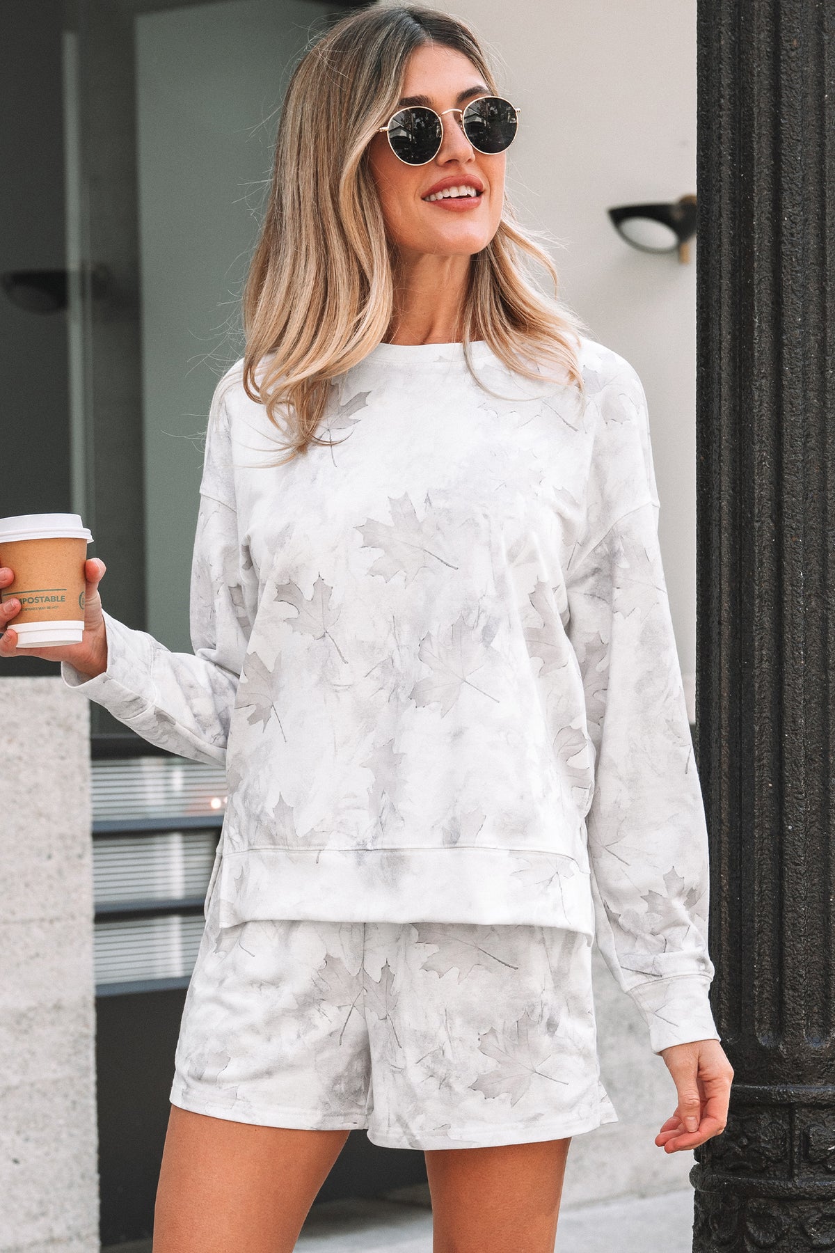 Beige Camo Lounge Set – Pullover Top & Elastic Waist Shorts Set