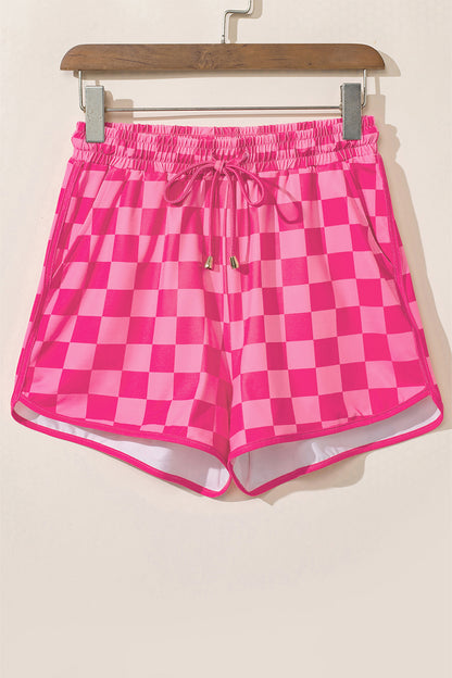 Rose Checkered Drawstring Elastic Waist Casual Shorts