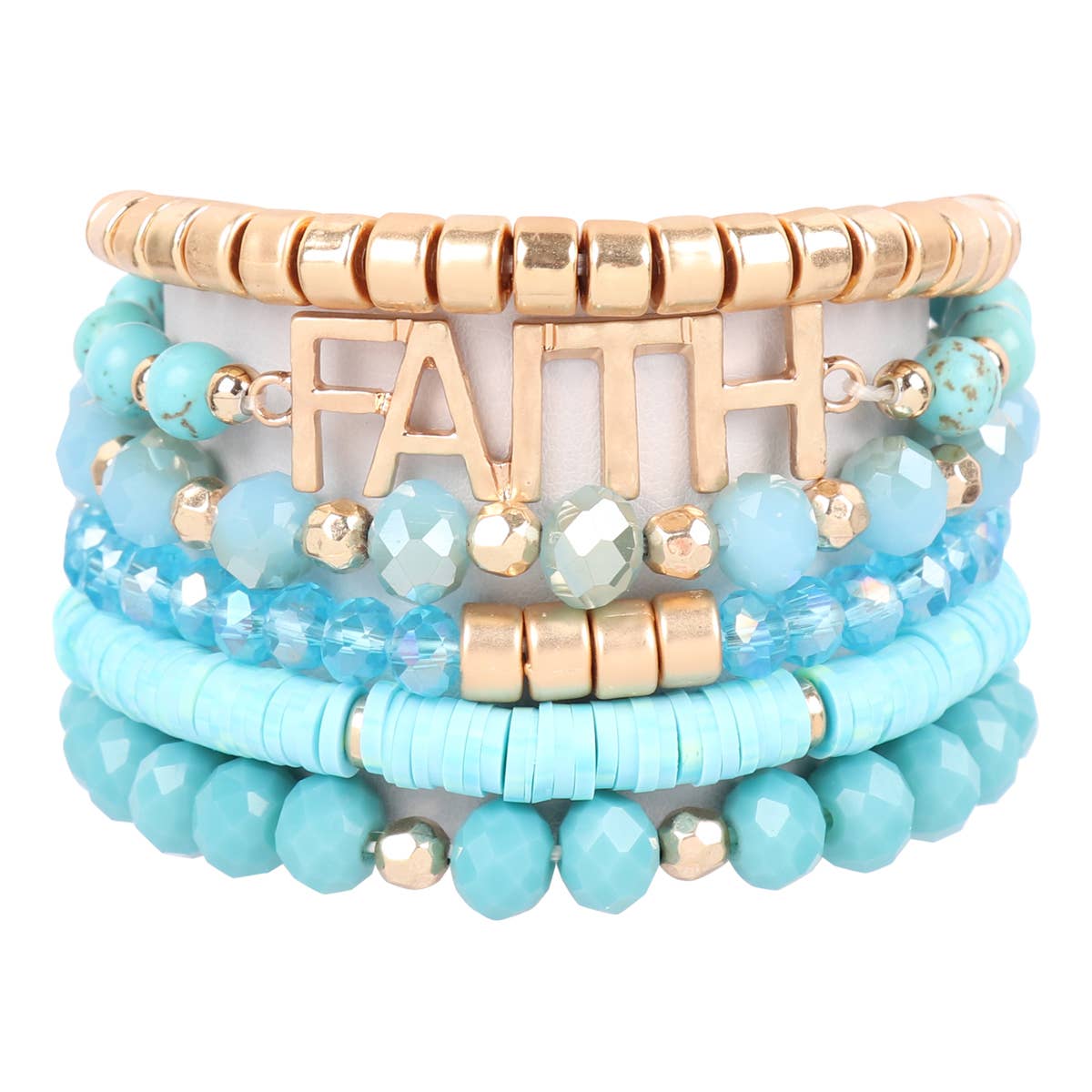 Stack of turquoise beaded bracelets with gold accents on a white background