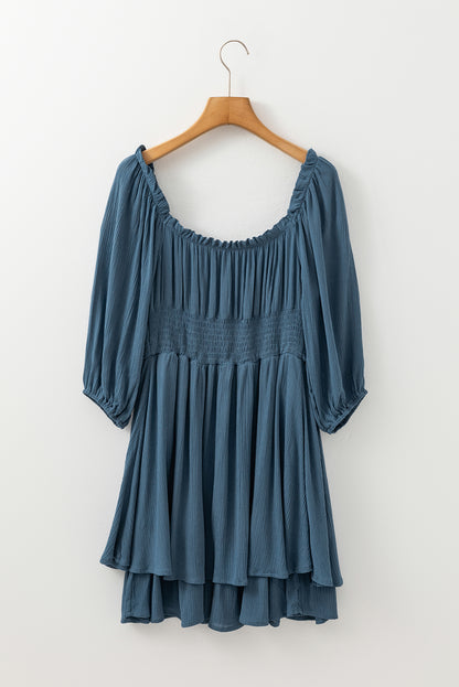 Teal Frill Neckline Ruched Mini Dress – 3/4 Sleeve Flowy Fit