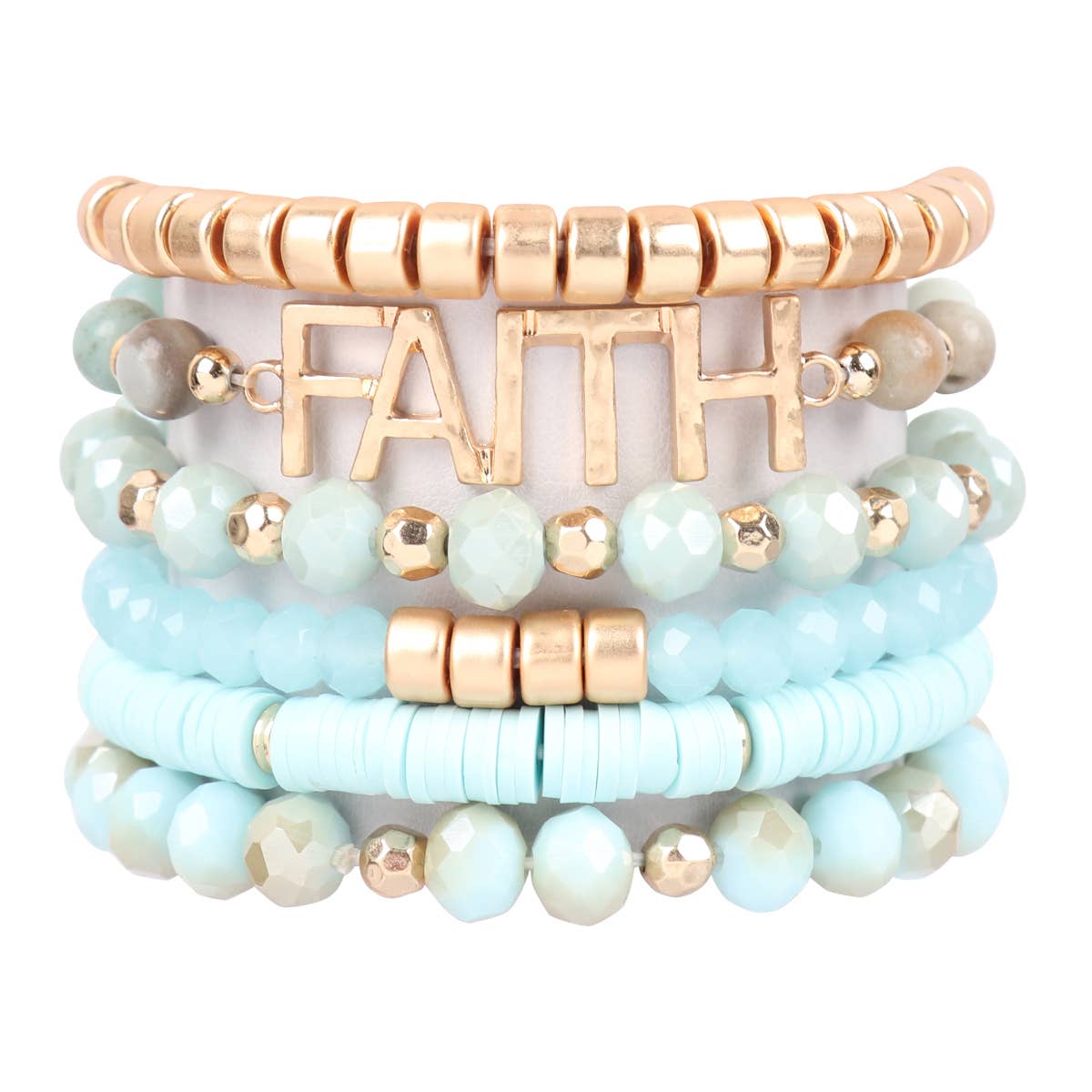 Stack of beaded bracelets with 'FAITH' charm on a white background