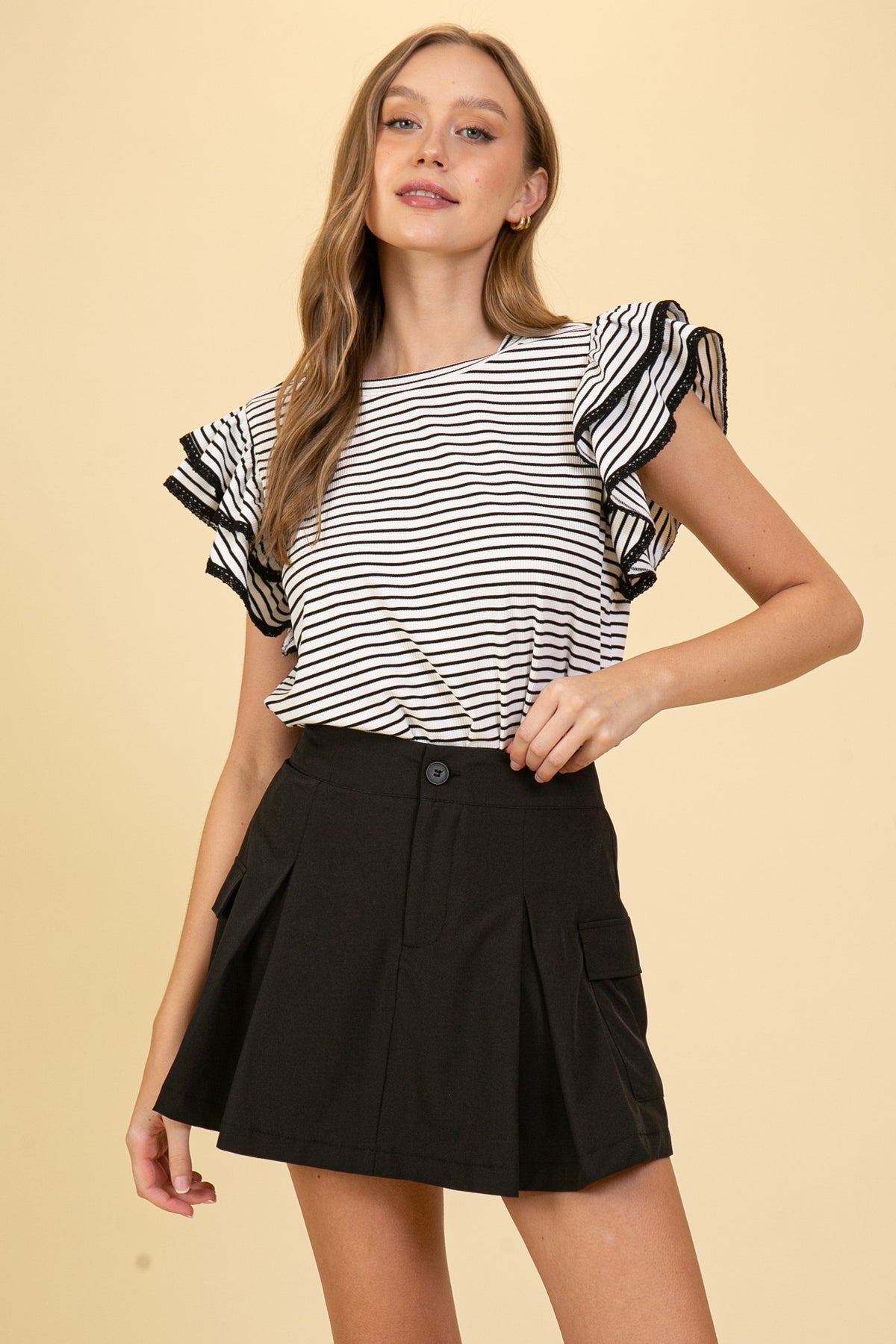 Coastal Ruffle Striped Top from The PS Collective — feminine nautical stripe top with tiered ruffle sleeves