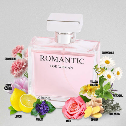 Pink perfume bottle labeled 'Romantic for Woman' with floral elements and labels on a gray background