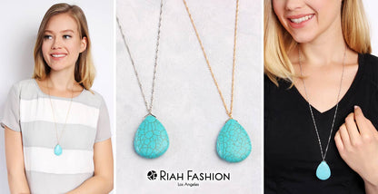 Turquoise pendant necklace on a white background with 'Riah Fashion' branding.