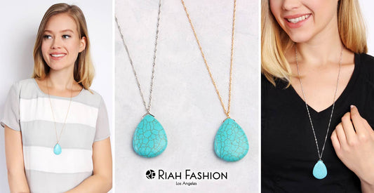 Turquoise pendant necklace on a white background with 'Riah Fashion' branding.