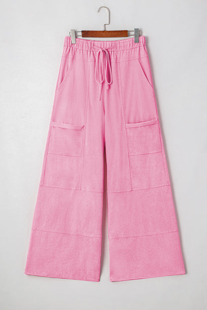 Pink Mineral Wash Wide Leg Cargo Pants – Drawstring High Waist
