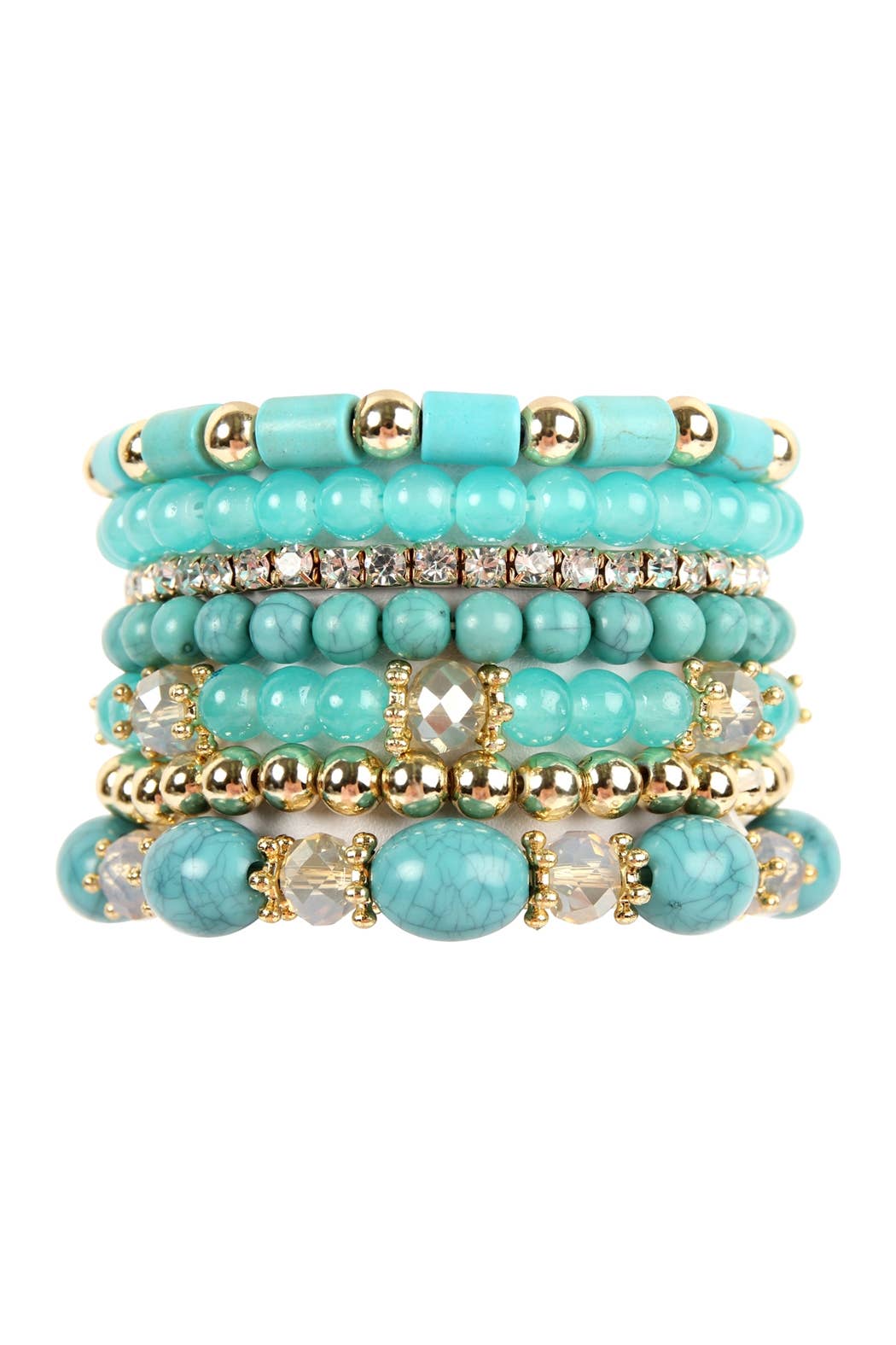 Stack of turquoise beaded bracelets with gold accents on a white background