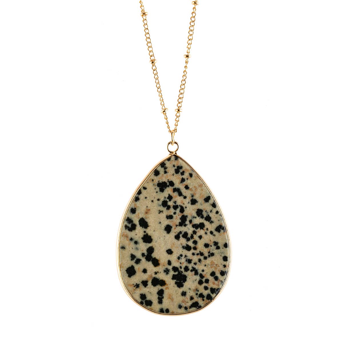 Necklace with a teardrop-shaped dalmatian jasper pendant on a white background