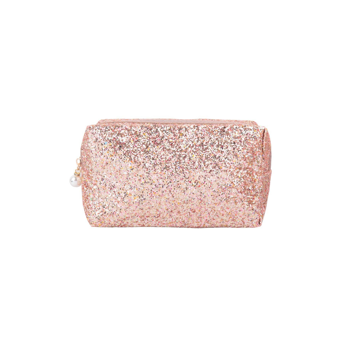 Rose gold glitter clutch bag on a white background