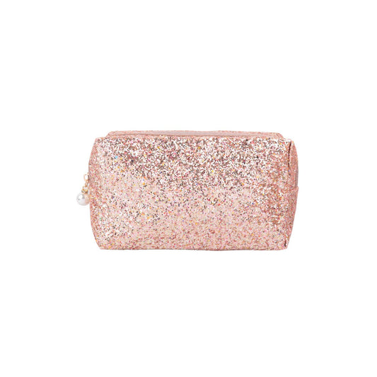 Rose gold glitter clutch bag on a white background