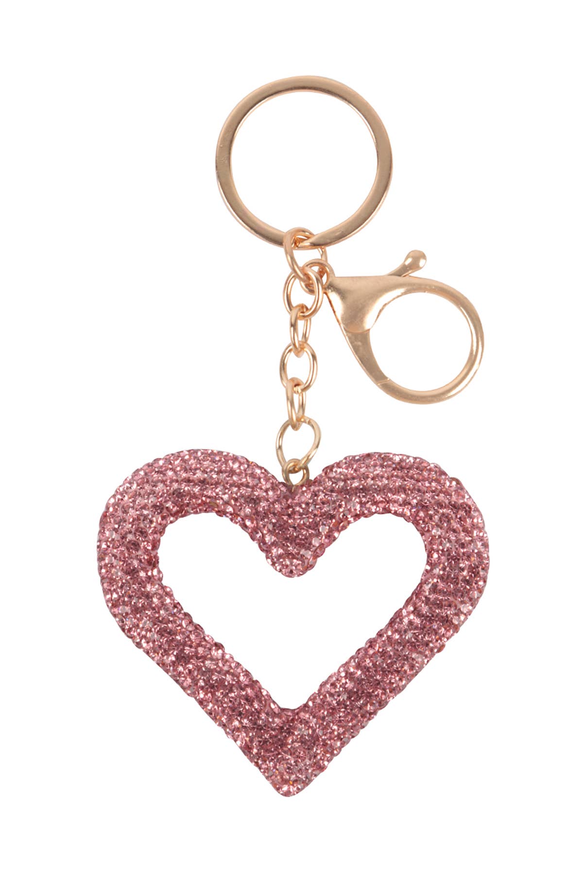 Pink glitter heart-shaped keychain on a white background