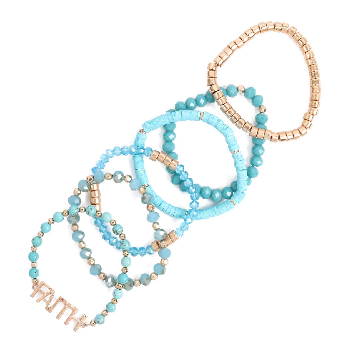 Set of turquoise and gold beaded bracelets on a white background