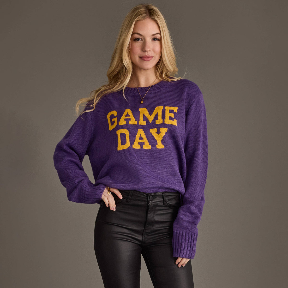 Purple and gold Game Day women's sweater front view