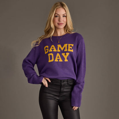Purple and gold Game Day women's sweater front view