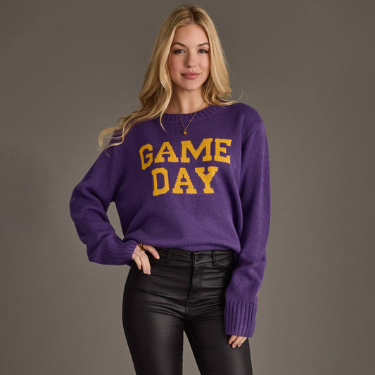 Purple and gold Game Day women's sweater front view
