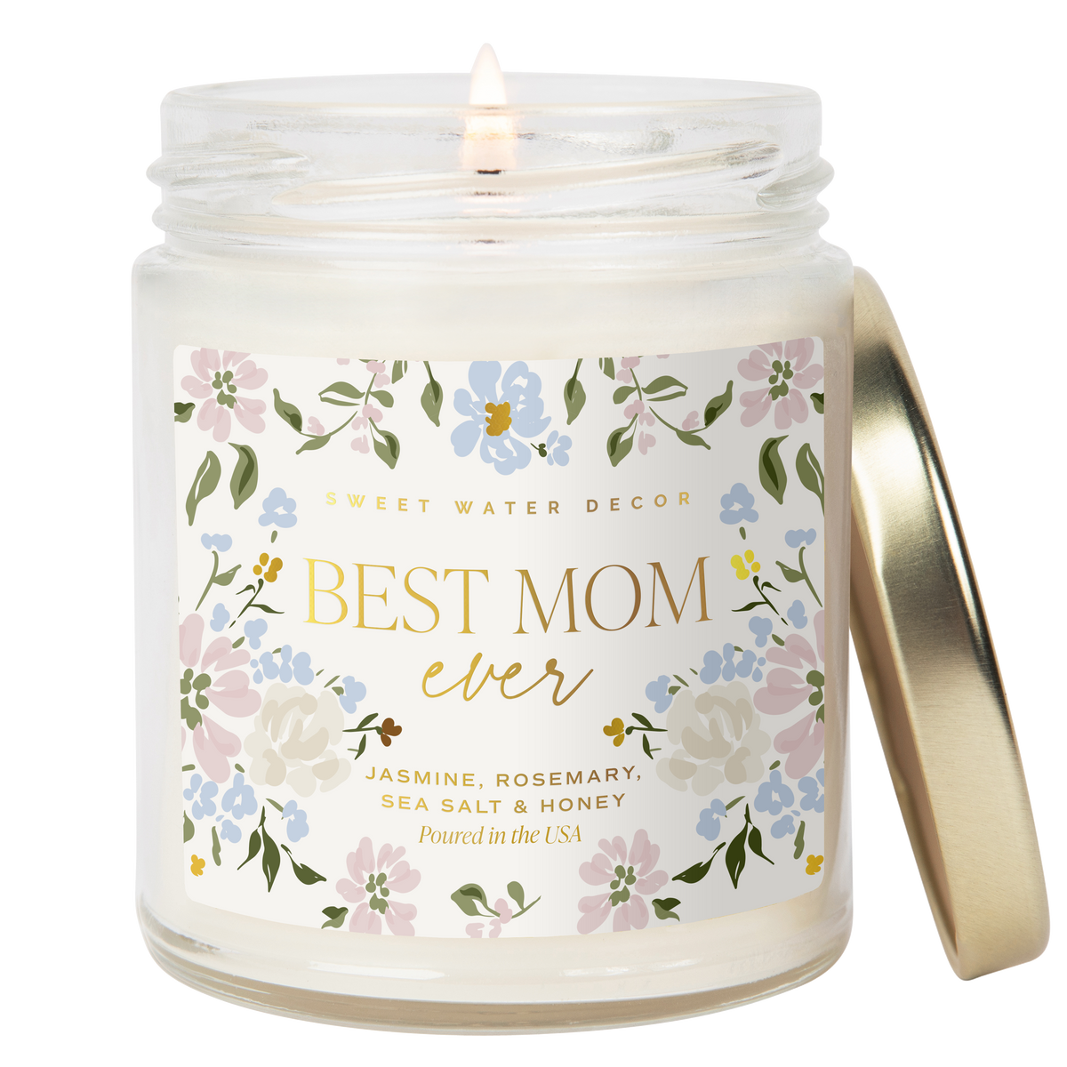 Candle in a jar with a decorative label reading 'Best Mom Ever' on a white background.