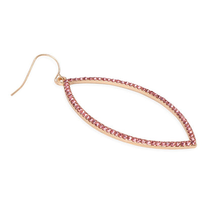 Gold hoop earring with pink gemstones on a white background