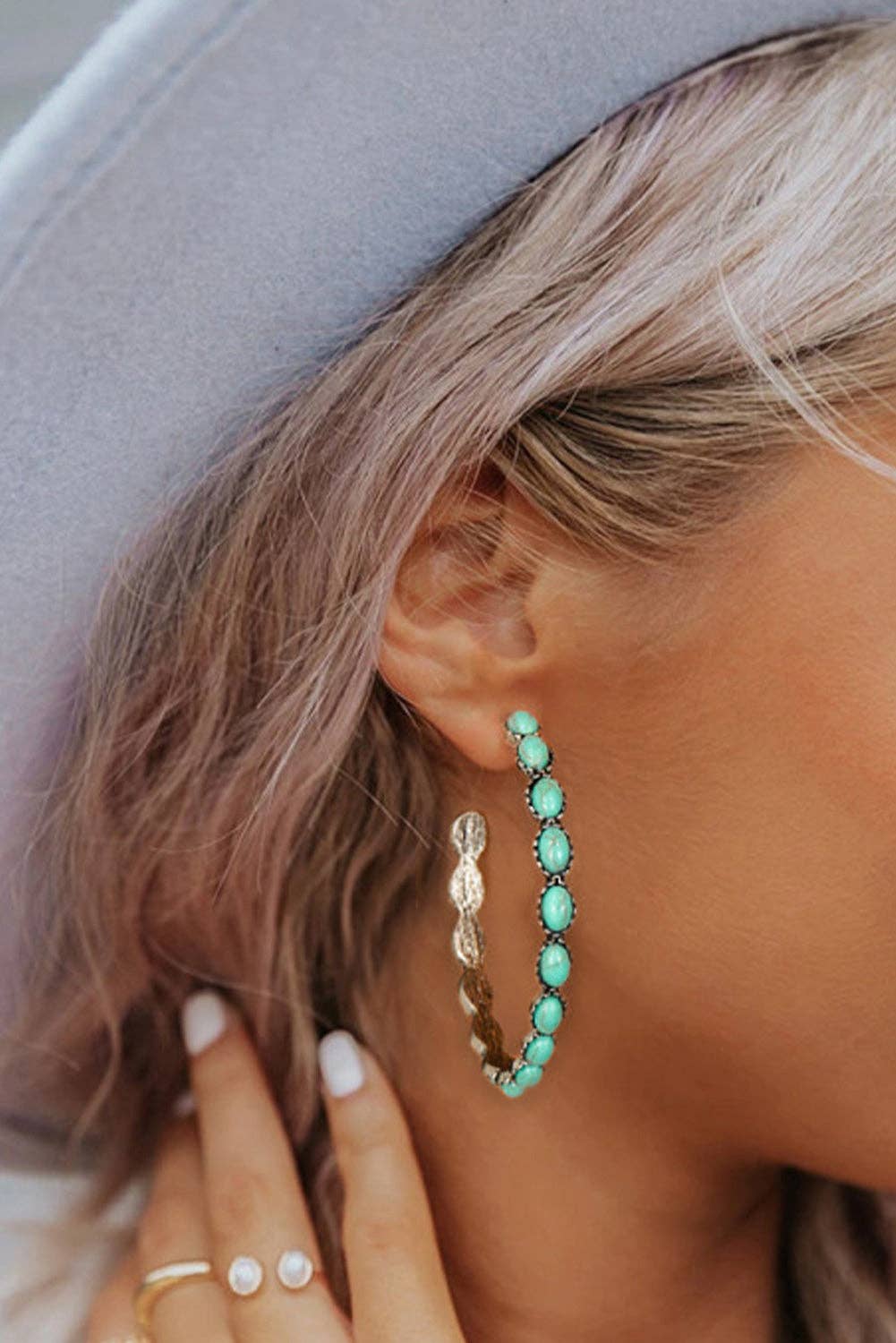 Woman wearing Dazzling Turquoise Hoops by The PS Collective