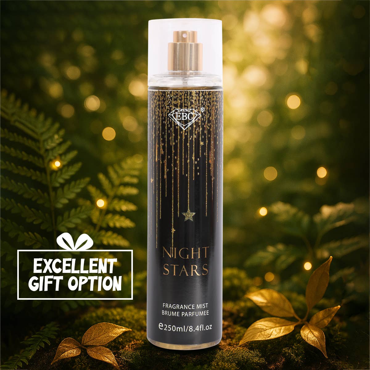 Fragrance mist bottle labeled 'Night Stars' with decorative elements on a natural background.