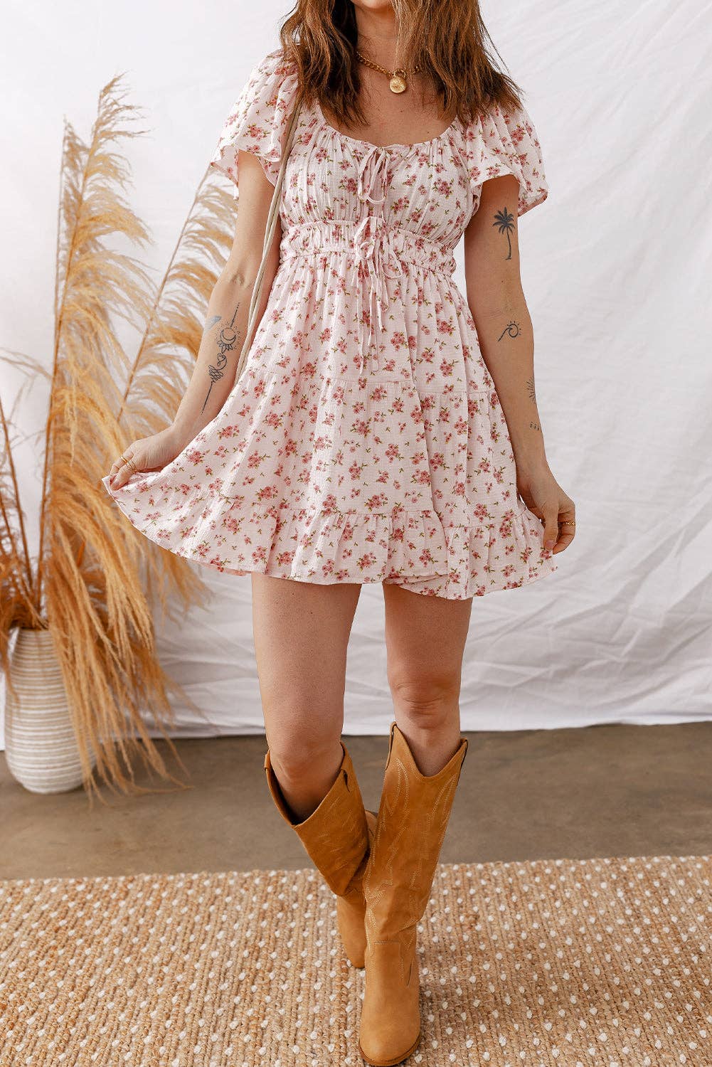 Rosy Bloom Mini Dress | Pink Floral Ruffle Dress