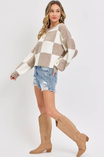 Ivory Mocha Checker Knit Sweater – Relaxed Cropped Fit