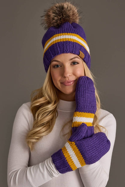 Purple, gold and white knit mittens styled with matching winter hat
