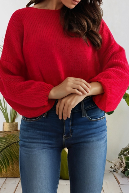 Person wearing a red sweater and blue jeans indoors with plants in the background