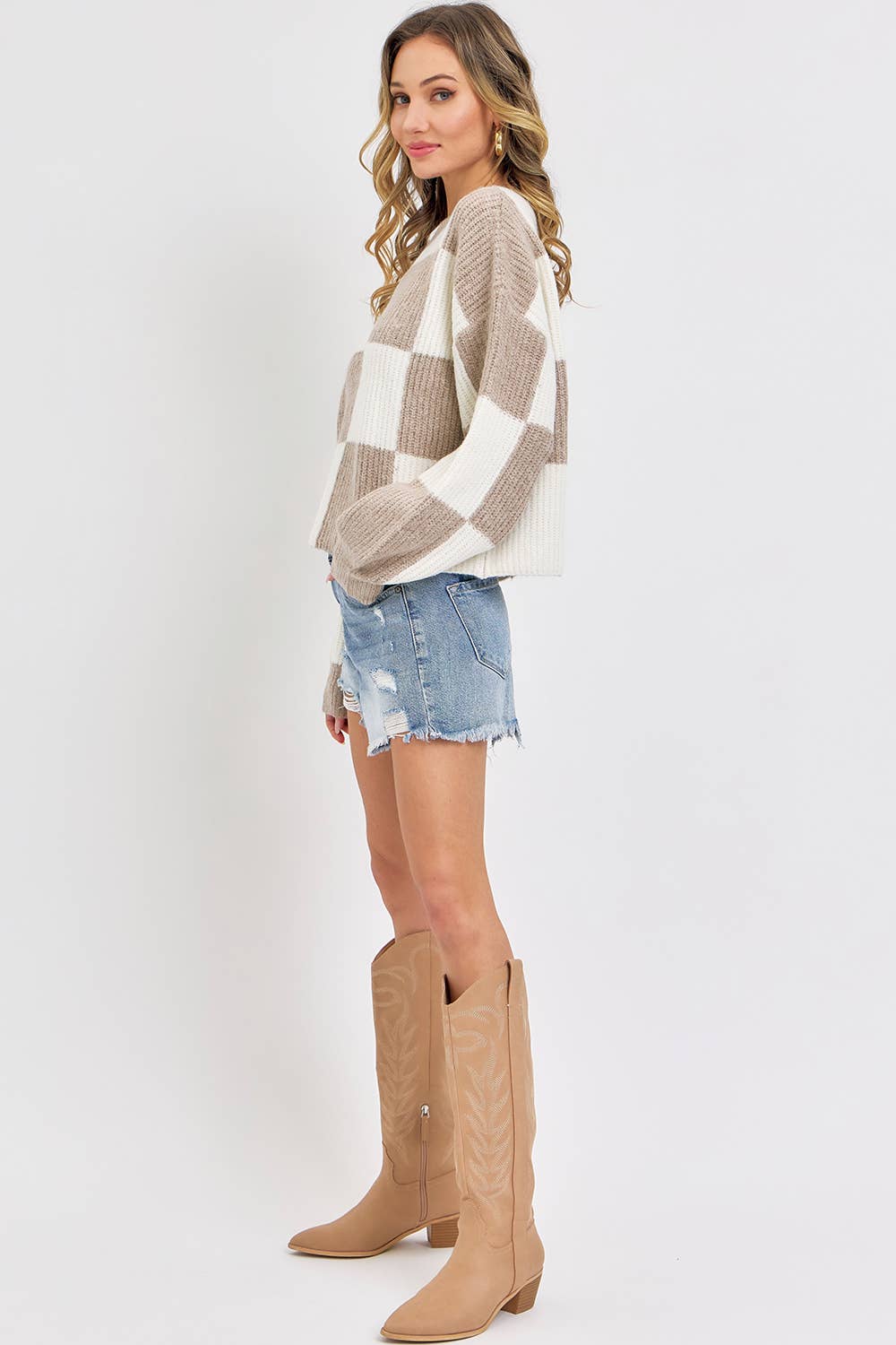 Ivory Mocha Checker Knit Sweater – Relaxed Cropped Fit