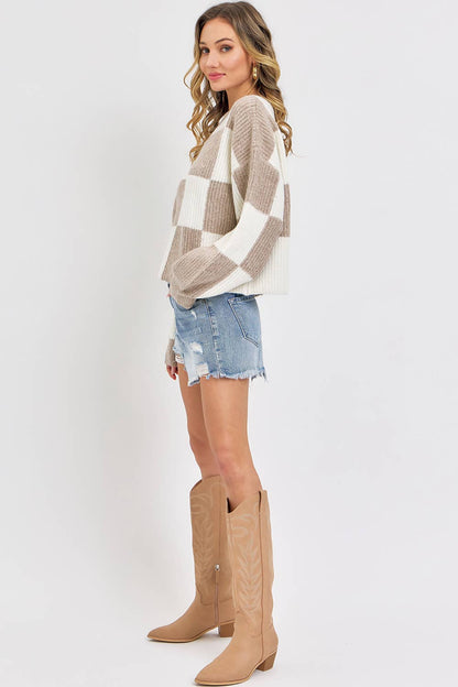 Ivory Mocha Checker Knit Sweater – Relaxed Cropped Fit