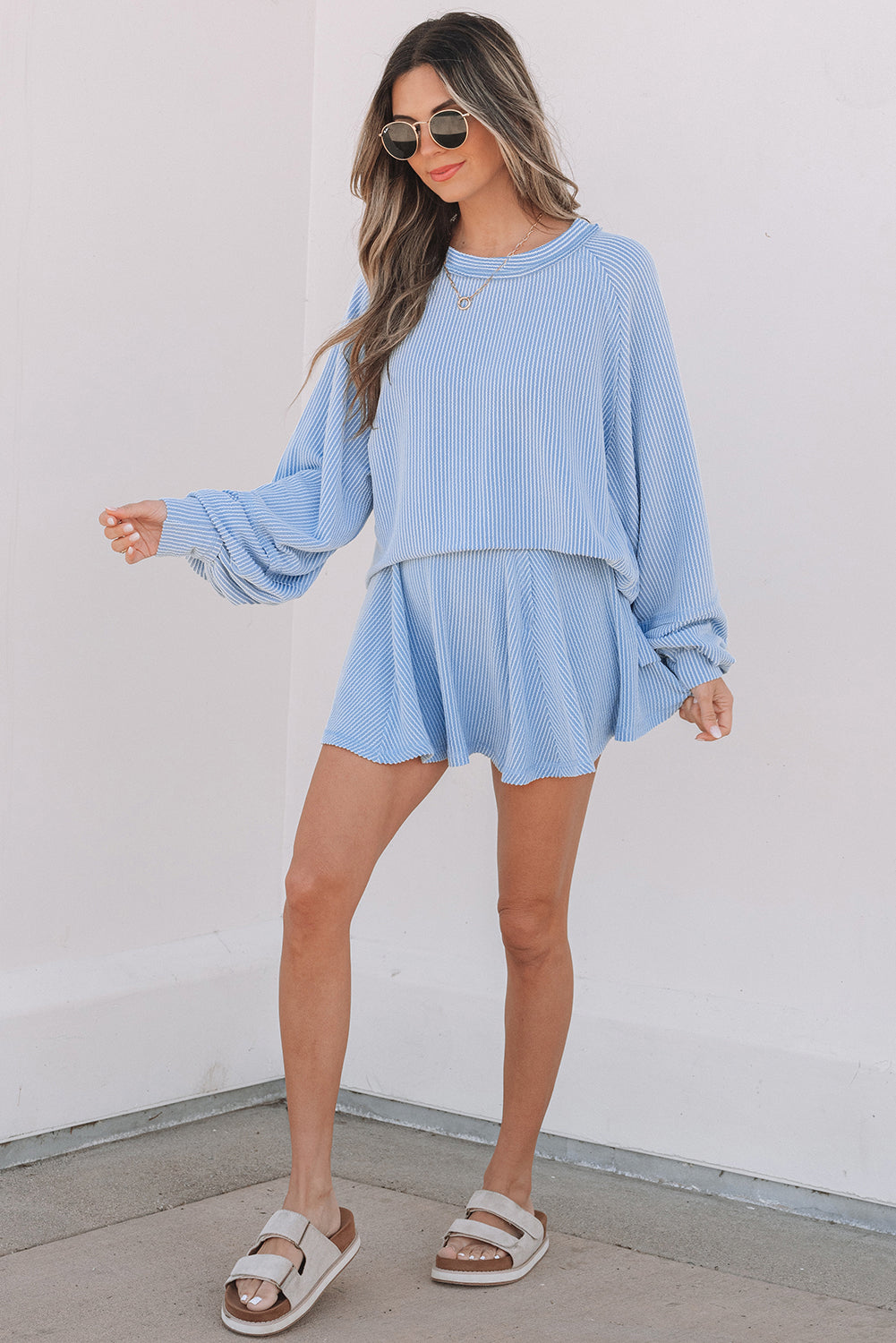 Sky Blue Skort Set – Lantern Sleeve Top & Ruffled Mini Skirt Set