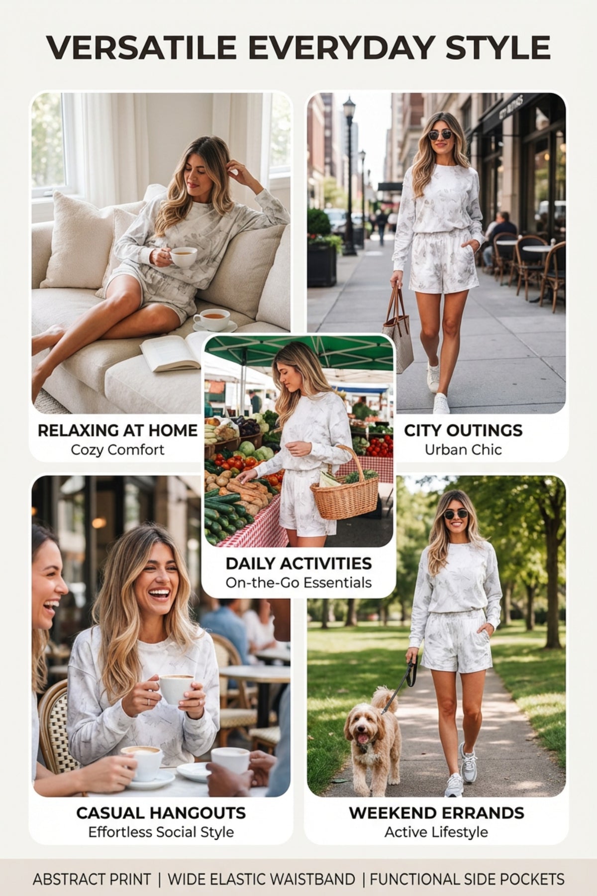 Woman in white outfit shown in various settings with text describing different styles.