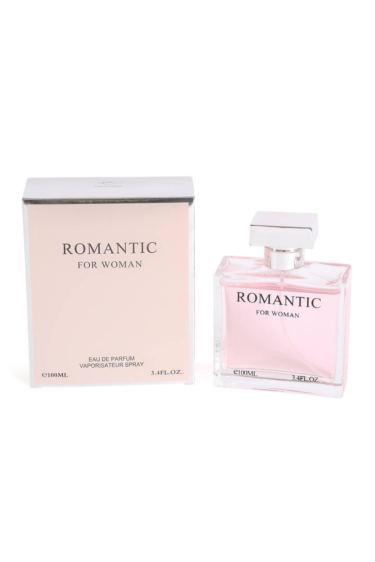 Perfume bottle and packaging labeled 'Romantic for Woman' on a white background