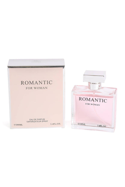 Perfume bottle and packaging labeled 'Romantic for Woman' on a white background