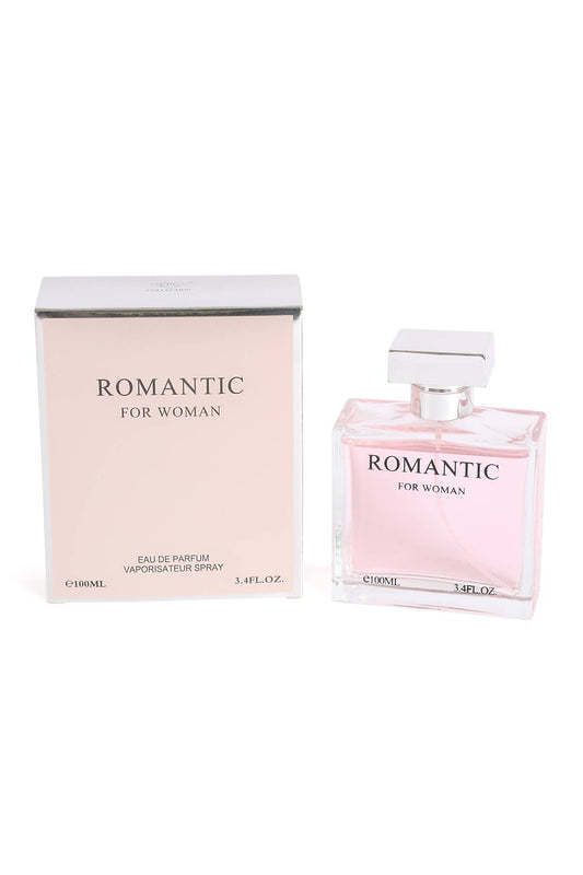 Perfume bottle and packaging labeled 'Romantic for Woman' on a white background