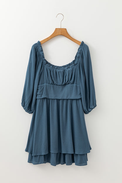 Teal Frill Neckline Ruched Mini Dress – 3/4 Sleeve Flowy Fit