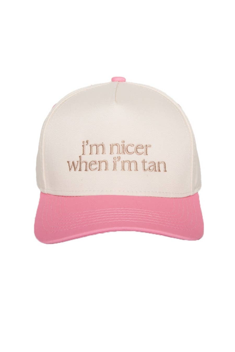 Pink and beige cap with text 'I'm nicer when I'm tan' on a white background