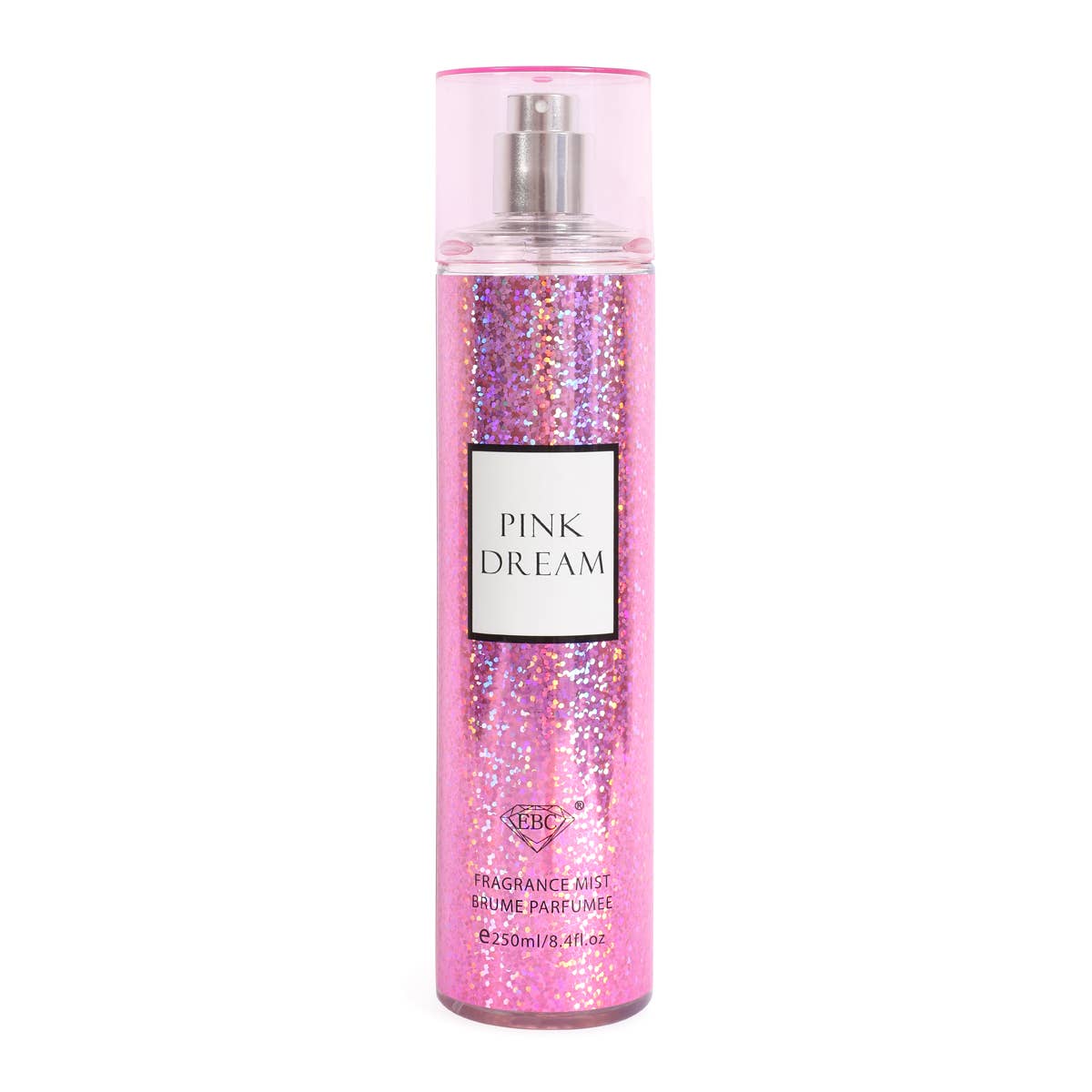 Pink glittery perfume bottle labeled 'Pink Dream' on a white background