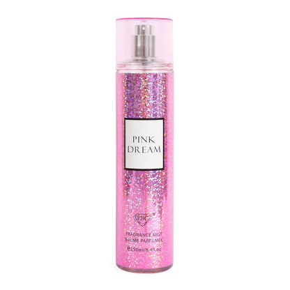 Pink glittery perfume bottle labeled 'Pink Dream' on a white background