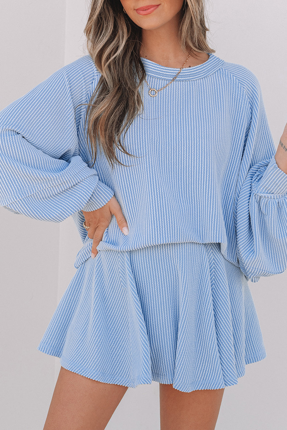 Sky Blue Skort Set – Lantern Sleeve Top & Ruffled Mini Skirt Set