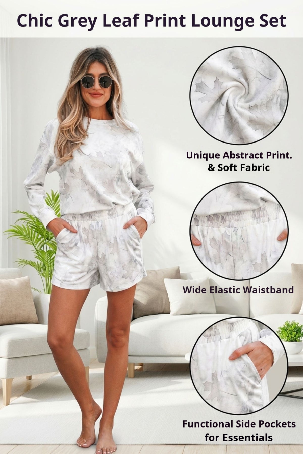 Woman wearing a chic grey leaf print lounge set with product details shown.