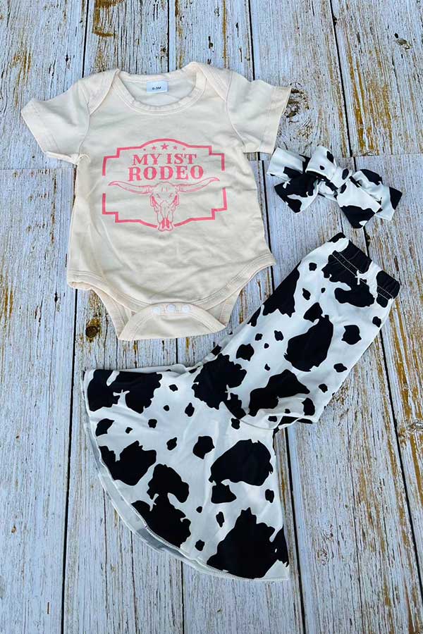 Western “My First Rodeo” Baby Outfit – 3 Piece Cow Print Bell Bottom Set