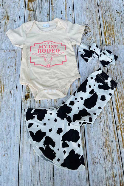 Western “My First Rodeo” Baby Outfit – 3 Piece Cow Print Bell Bottom Set