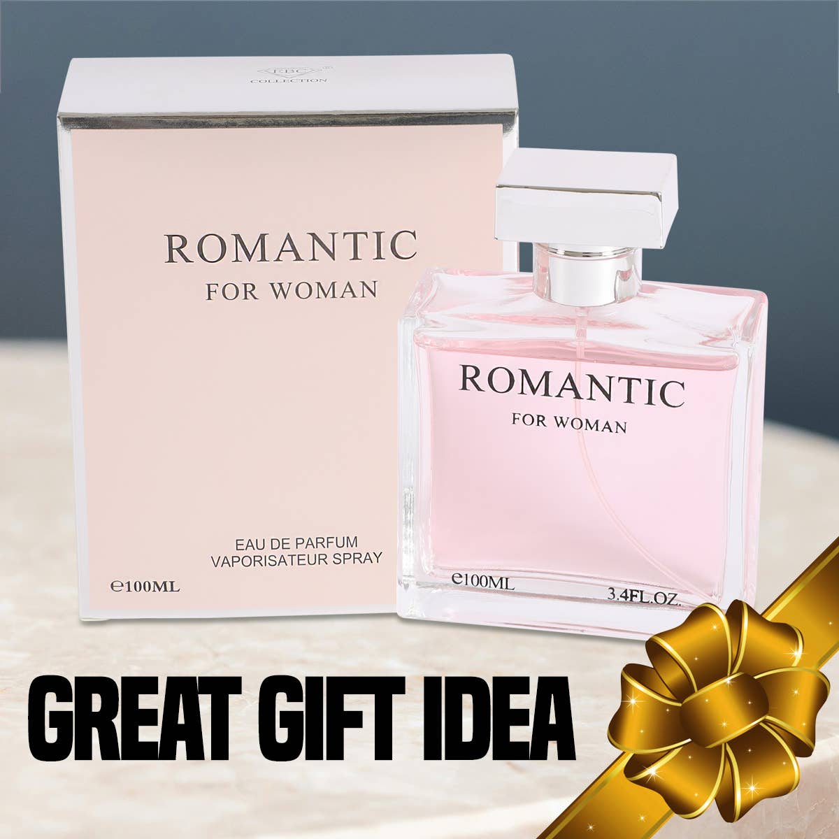 Perfume bottle and packaging labeled 'Romantic for Woman' with a gold bow on a neutral background.