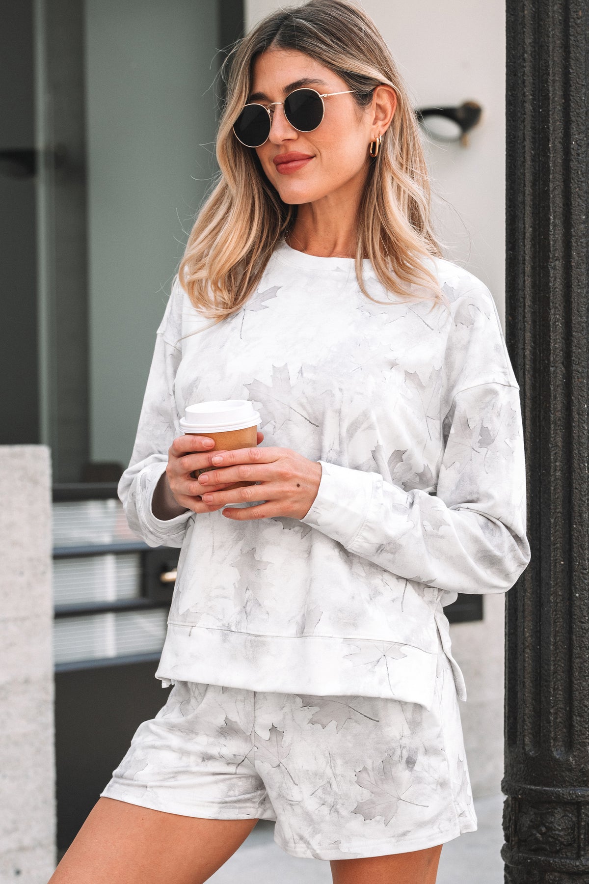 Beige Camo Lounge Set – Pullover Top & Elastic Waist Shorts Set