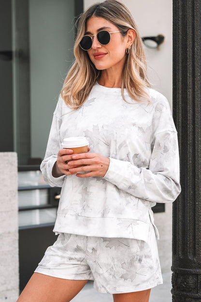Beige Camo Lounge Set – Pullover Top & Elastic Waist Shorts Set