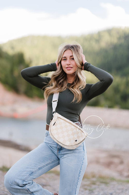Beige Checkered Moon Belt Bag | Stylish Neutral Crossbody